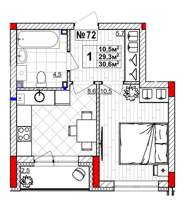 Продажа 1-комнатной квартиры 30,6 м², 1/4 этаж