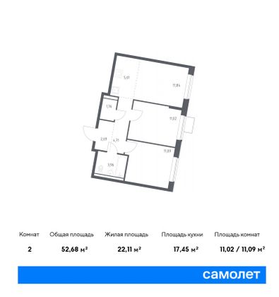 52,7 м², 2-комн. квартира, 6/12 этаж