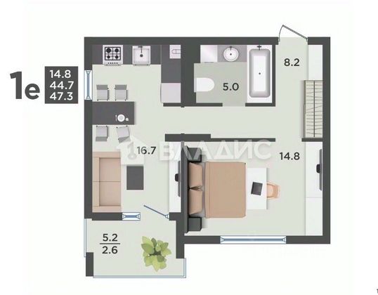 Продажа 1-комнатной квартиры 47,3 м², 9/9 этаж