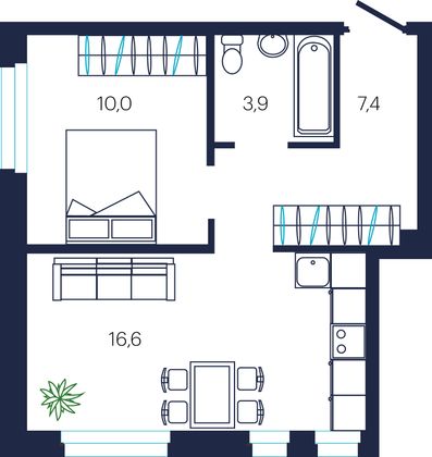 40,2 м², 1-комн. квартира, 9/19 этаж