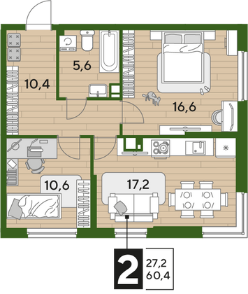Продажа 2-комнатной квартиры 60,4 м², 6/16 этаж