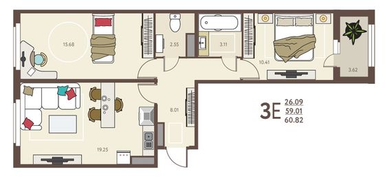 60,8 м², 2-комн. квартира, 3/18 этаж