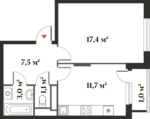 40,7 м², 1-комн. квартира, 2/6 этаж