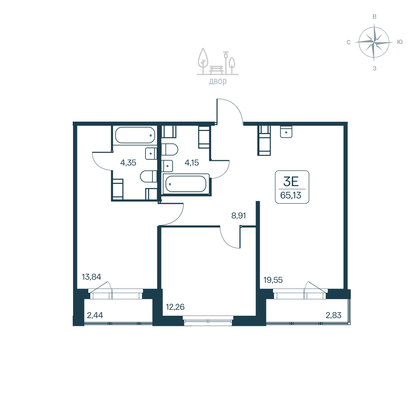 65,1 м², 3-комн. квартира, 1/9 этаж