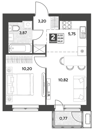 Продажа 2-комнатной квартиры 34,6 м², 21/25 этаж