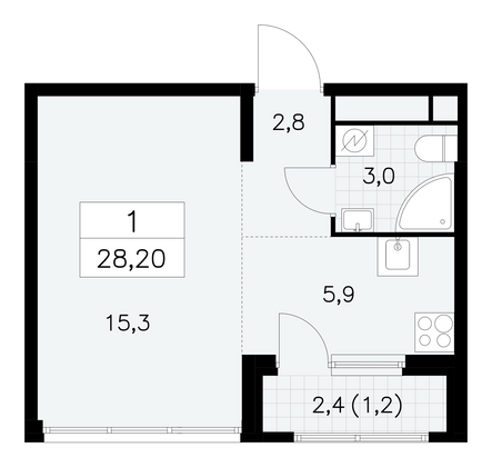 28,2 м², 1-комн. квартира, 29/30 этаж