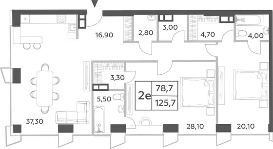 125,7 м², 3-комн. квартира, 54/56 этаж