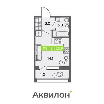 22,9 м², студия, 1/13 этаж