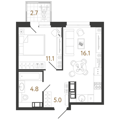 37 м², 1-комн. квартира, 11/14 этаж