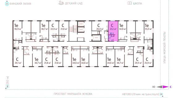 21,2 м², студия, 22/23 этаж