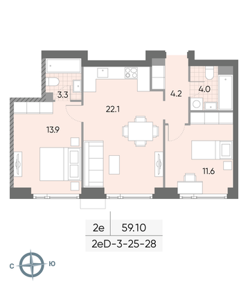 Продажа 2-комнатной квартиры 59,1 м², 28/52 этаж
