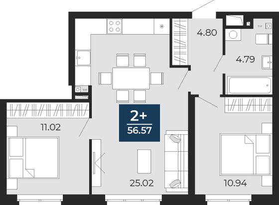 56,6 м², 2-комн. квартира, 14/24 этаж