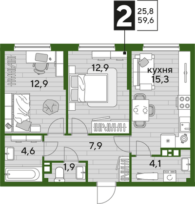 Продажа 2-комнатной квартиры 59,6 м², 6/16 этаж