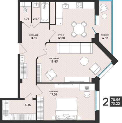 73,2 м², 2-комн. квартира, 11/13 этаж