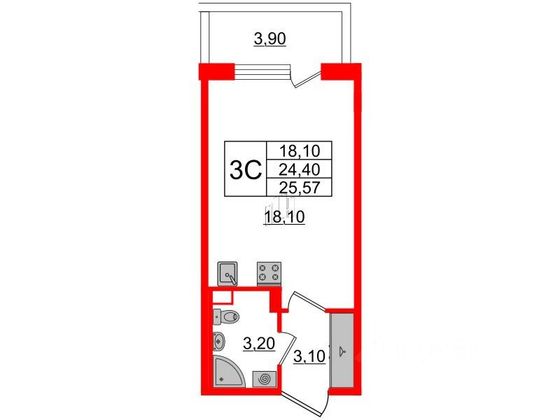 Продажа квартиры-студии 25,6 м², 3/6 этаж