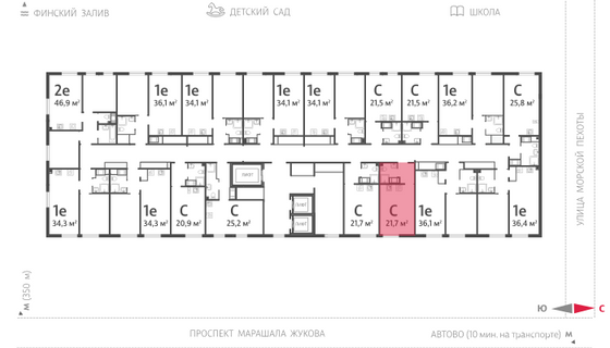 21,6 м², студия, 6/23 этаж