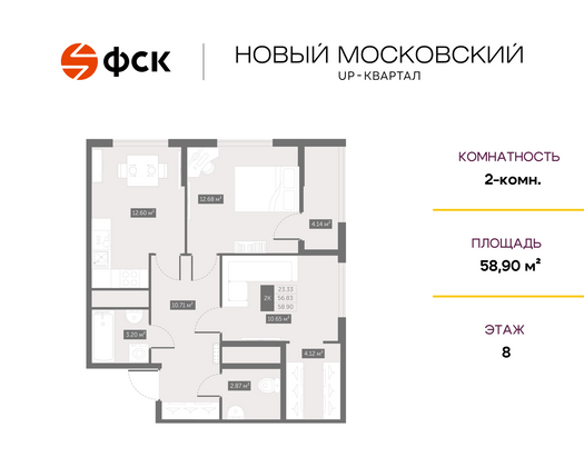 58,9 м², 2-комн. квартира, 8/10 этаж