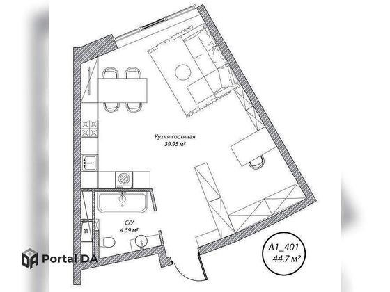 Продажа 1-комнатной квартиры 44,7 м², 1/10 этаж