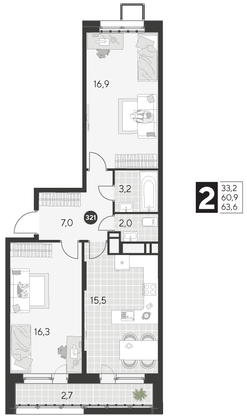 Продажа 2-комнатной квартиры 63,6 м², 8/21 этаж