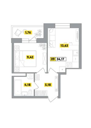 Продажа 2-комнатной квартиры 34,2 м², 6 этаж