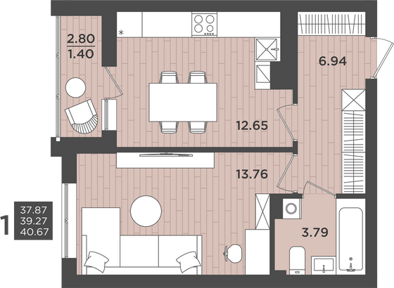 Продажа 1-комнатной квартиры 39,3 м², 9/9 этаж