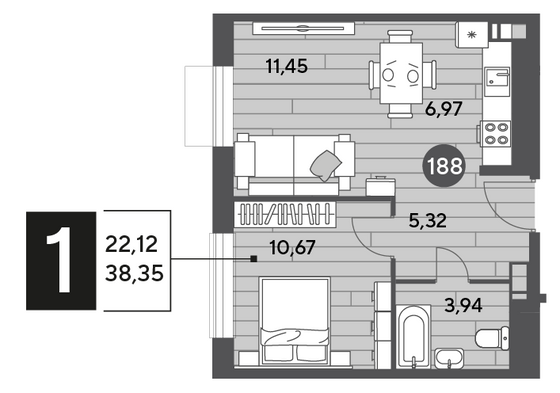 Продажа 1-комнатной квартиры 38,3 м², 9/15 этаж