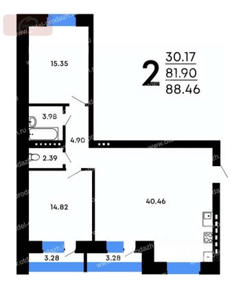Продажа 2-комнатной квартиры 88,5 м², 3/3 этаж