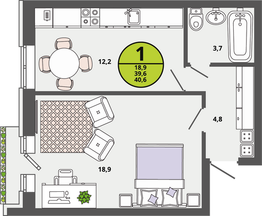 Продажа 1-комнатной квартиры 39,6 м², 2/3 этаж