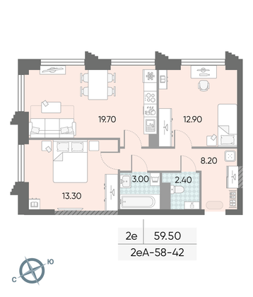 Продажа 2-комнатной квартиры 59,5 м², 42/58 этаж