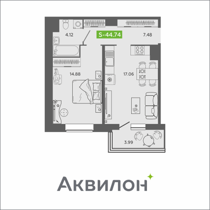 44,7 м², 1-комн. квартира, 9/16 этаж