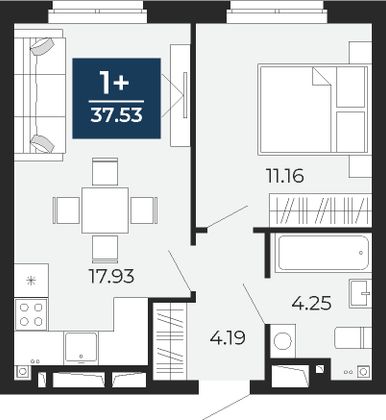 37,5 м², 1-комн. квартира, 16/22 этаж