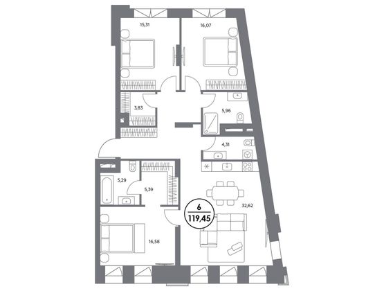 118,7 м², 3-комн. квартира, 2/6 этаж