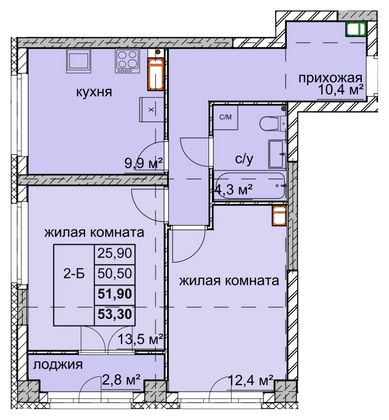 Продажа 2-комнатной квартиры 51,9 м², 11/15 этаж