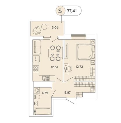 37,4 м², 1-комн. квартира, 8/12 этаж