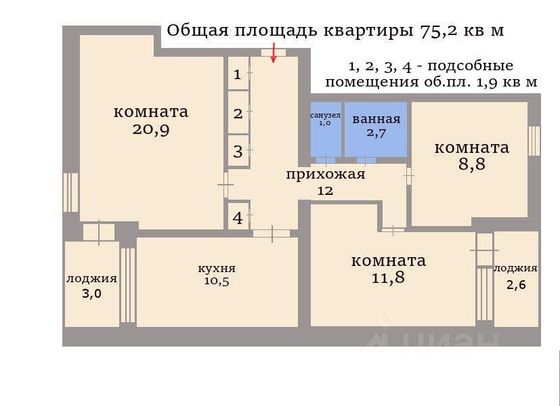 Продажа 3-комнатной квартиры 75,2 м², 4/9 этаж