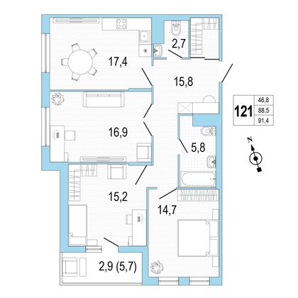 Продажа 3-комнатной квартиры 91,3 м², 7/8 этаж