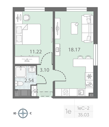 Продажа 1-комнатной квартиры 35 м², 22/23 этаж