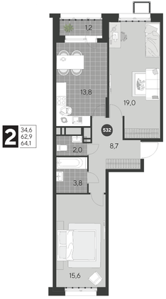 Продажа 2-комнатной квартиры 64,1 м², 12/21 этаж