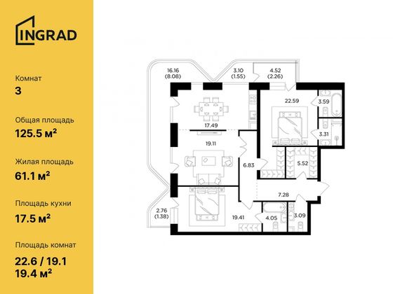 125,5 м², 3-комн. квартира, 7/19 этаж