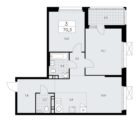 70,3 м², своб. планировка, 21/21 этаж