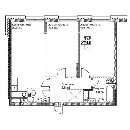 Продажа 2-комнатной квартиры 74,6 м², 5/24 этаж