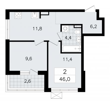 46 м², 2-комн. квартира, 10/12 этаж