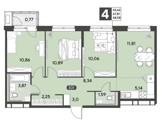 Продажа 4-комнатной квартиры 68,6 м², 15/25 этаж