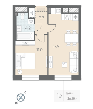Продажа 1-комнатной квартиры 36,8 м², 2/12 этаж