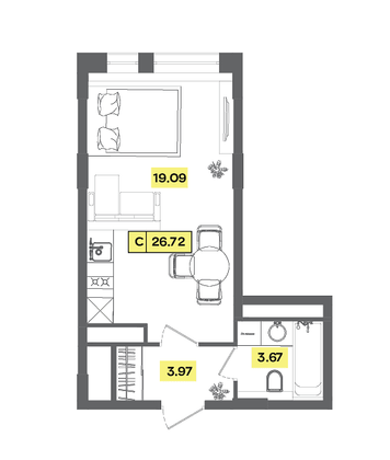 Продажа квартиры-студии 26,7 м², 4 этаж