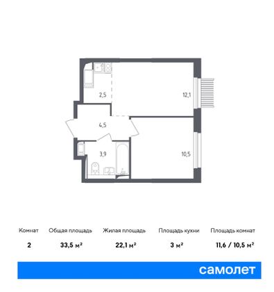 33,5 м², 1-комн. квартира, 7/17 этаж