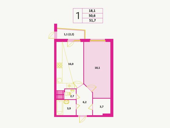 51,7 м², 1-комн. квартира, 5/25 этаж