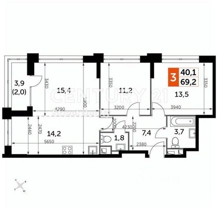Продажа 3-комнатной квартиры 69 м², 16/43 этаж