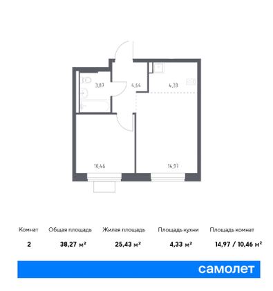 38,3 м², 1-комн. квартира, 1/9 этаж