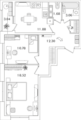 61 м², 2-комн. квартира, 22/22 этаж